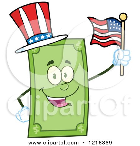 Clipart of a Happy Patriotic Dollar Bill Mascot Waving an American Flag - Royalty Free Vector Illustration by Hit Toon