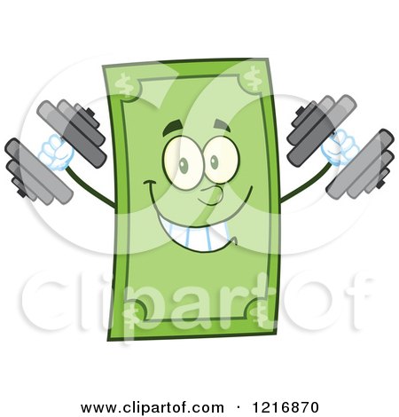 Clipart of a Happy Dollar Bill Mascot Working out with Dumbbells - Royalty Free Vector Illustration by Hit Toon