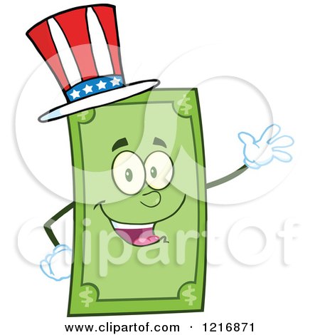 Clipart of a Happy Patriotic Dollar Bill Mascot Waving - Royalty Free Vector Illustration by Hit Toon