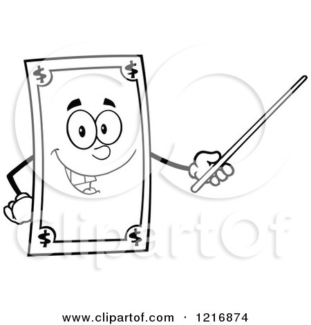 Clipart of an Outlined Happy Dollar Bill Mascot Using a Pointer Stick - Royalty Free Vector Illustration by Hit Toon