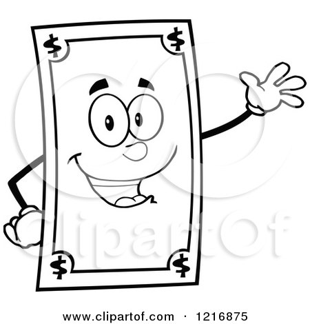 Clipart of an Outlined Happy Dollar Bill Mascot Waving - Royalty Free Vector Illustration by Hit Toon
