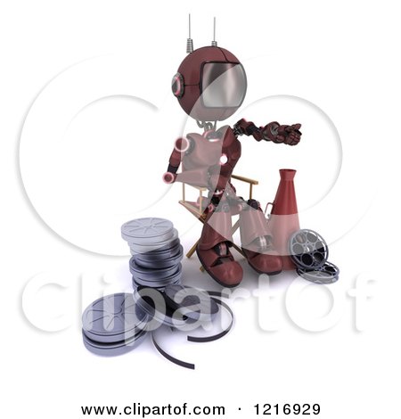 Clipart of a 3d Red Android Robot Movie Director Working - Royalty Free Illustration by KJ Pargeter