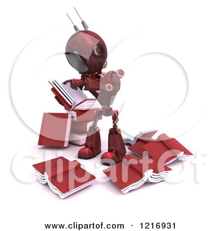 Clipart of a 3d Red Android Robot Standing and Reading in a Circle of Books - Royalty Free Illustration by KJ Pargeter