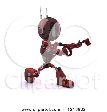 Clipart of a 3d Red Android Robot with a Skeleton Key - Royalty Free Illustration by KJ Pargeter