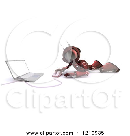Clipart of a 3d Red Android Robot Using a Laptop on the Floor - Royalty Free Illustration by KJ Pargeter