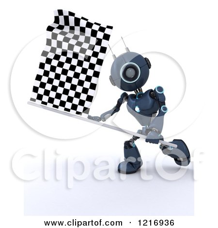 Clipart of a 3d Blue Android Robot Waving a Checkered Racing Flag - Royalty Free Illustration by KJ Pargeter