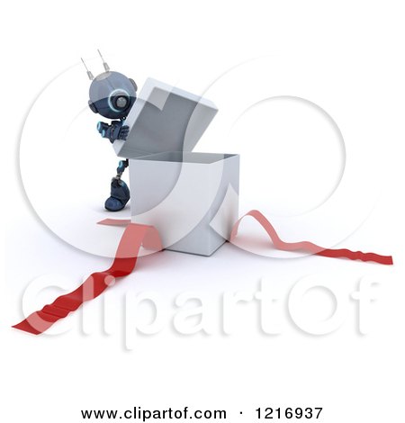 Clipart of a 3d Blue Android Robot Opening a Gift Box - Royalty Free Illustration by KJ Pargeter