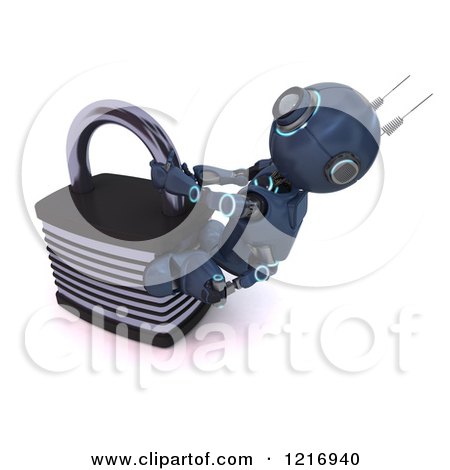 Clipart of a 3d Blue Android Robot Pulling on a Padlock - Royalty Free Illustration by KJ Pargeter