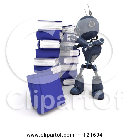 Clipart of a 3d Blue Android Robot Reading by a Stack of Books - Royalty Free Illustration by KJ Pargeter
