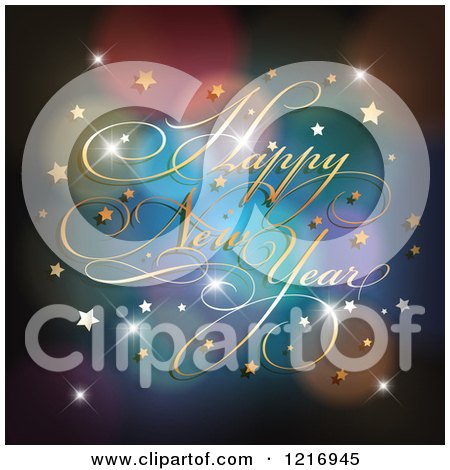Clipart of a Happy New Year Greeting over Colorful Flares and Stars - Royalty Free Vector Illustration by KJ Pargeter