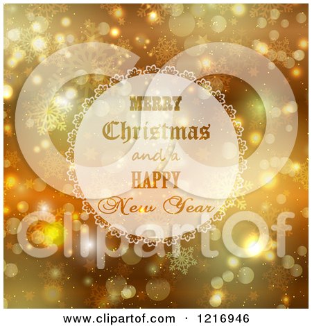 Clipart of a Merry Christmas and a Happy New Year over Gold with Snowflakes and Sparkles - Royalty Free Vector Illustration by KJ Pargeter