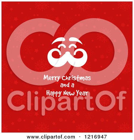 Clipart of a Merry Christmas and a Happy New Year Greeting with a Santa Face on Red Snowflakes - Royalty Free Vector Illustration by KJ Pargeter
