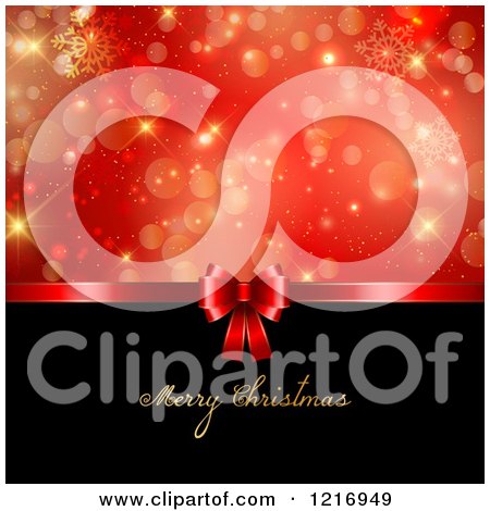 Clipart of a Merry Christmas Greeting with a Red Gift Bow Snowflakes and Bokeh - Royalty Free Vector Illustration by KJ Pargeter
