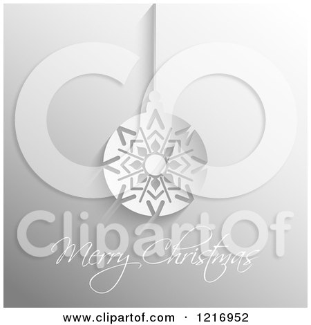Clipart of a Merry Christmas Greeting with a Suspended Snowflake Bauble in Grayscale - Royalty Free Vector Illustration by KJ Pargeter