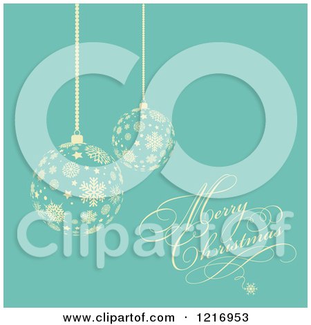 Clipart of a Merry Christmas Greeting with Suspended Snowflake Baubles over Turquoise - Royalty Free Vector Illustration by KJ Pargeter