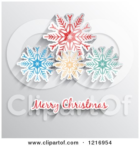 Clipart of a Merry Christmas Greeting Under Colorful Snowflakes on Gray - Royalty Free Vector Illustration by KJ Pargeter