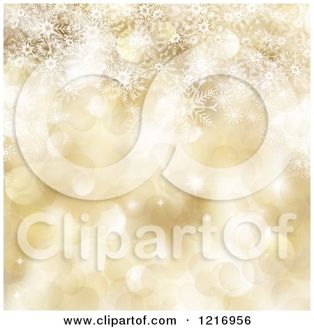 Clipart of a Golden Background of Snowflakes and Christmas Bokeh Lights - Royalty Free Illustration by KJ Pargeter