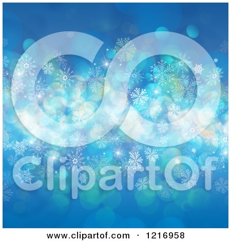 Clipart of a Blue Background with Flares Snowflakes and Stars - Royalty Free Vector Illustration by KJ Pargeter