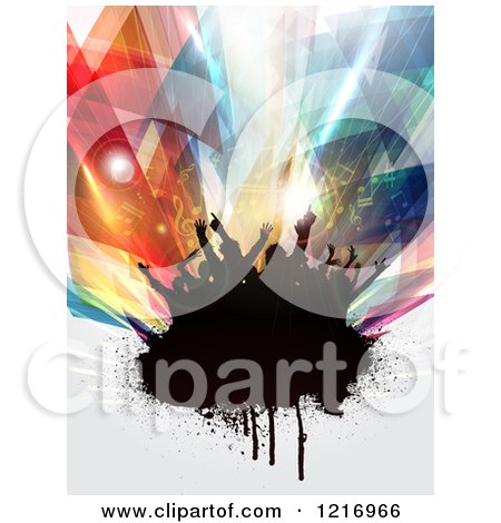 Clipart of a Silhouetted Dancing Crowd on Grunge over Abstract Lights - Royalty Free Vector Illustration by KJ Pargeter