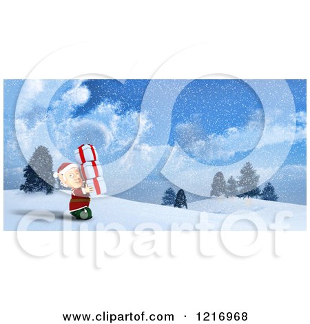 Clipart of a 3d Christmas Elf Carrying Gifts in the Snow - Royalty Free Illustration by KJ Pargeter