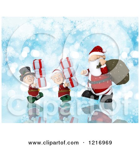Clipart of a 3d Santa and Christmas Elves Carrying Gifts over Blue with Bokeh and Snowflakes - Royalty Free Illustration by KJ Pargeter