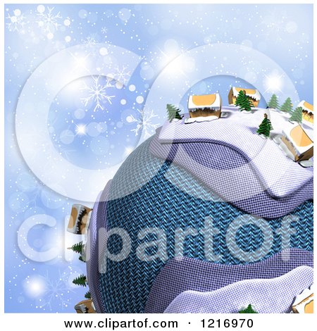 Clipart of a 3d Cardboard Globe with Cabins and Trees over Blue with Snowflakes - Royalty Free Illustration by KJ Pargeter