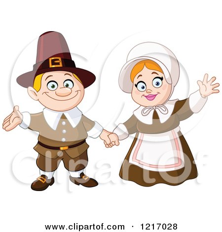 Clipart of a Friendly Thanksgiving Pilgrim Couple Waving - Royalty Free Vector Illustration by yayayoyo