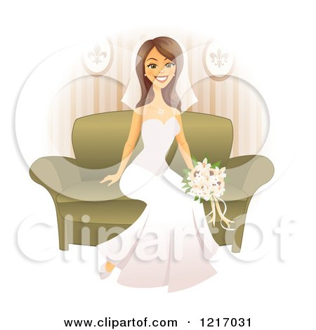 Clipart of a Happy Brunette Bride Sitting on a Couch - Royalty Free Vector Illustration by Amanda Kate
