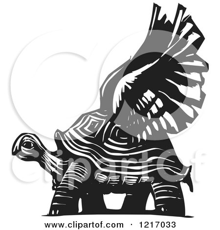 Clipart of a Woodcut Winged Tortoise in Black and White - Royalty Free Vector Illustration by xunantunich
