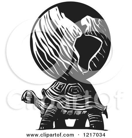 Clipart of a Woodcut Tortoise Carrying the World on Its Back, in Black and White - Royalty Free Vector Illustration by xunantunich