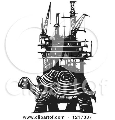 Clipart of a Woodcut Tortoise with an Oil Rig in Black and White - Royalty Free Vector Illustration by xunantunich
