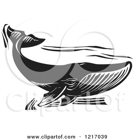 Clipart of a Woodcut Whale Swimming in Black and White - Royalty Free Vector Illustration by xunantunich