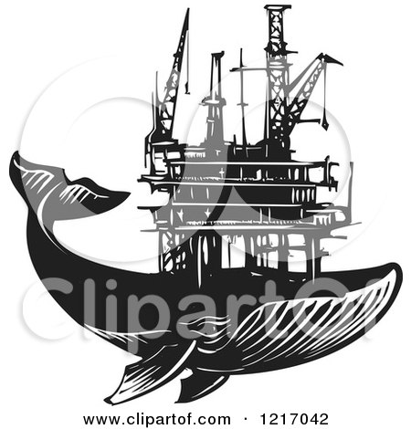 Clipart of a Woodcut Whale with an Oil Rig in Black and White - Royalty Free Vector Illustration by xunantunich