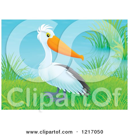 Clipart of a Cute Airbrushed Pelican by a Pond - Royalty Free Illustration by Alex Bannykh