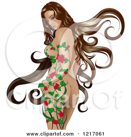 Clipart of a Nude Woman with Long Brunette Hair, Looking Back over Her Shoulder and a Vine Growing up Her Body - Royalty Free Vector Illustration by dero