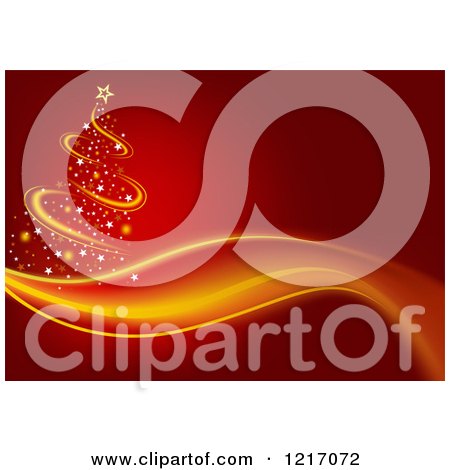 Clipart of a Red Background with a Christmas Tree and Wave - Royalty Free Vector Illustration by dero