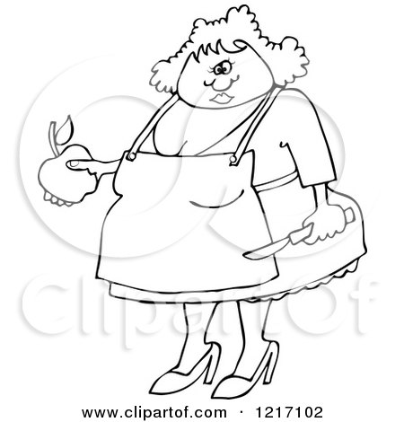 Clipart of an Outlined Chubby Woman Holding an Apple and a Peeling Knife - Royalty Free Vector Illustration by djart