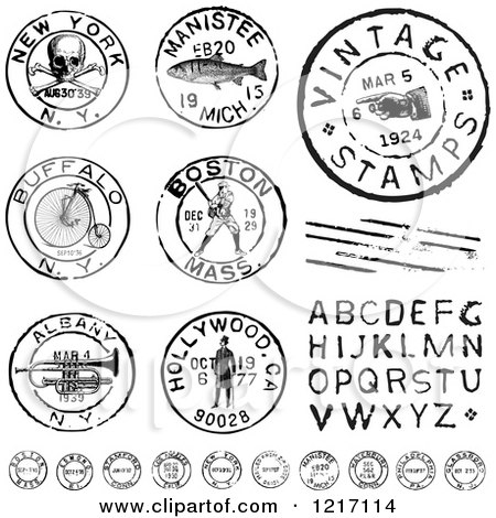Clipart of Vintage Black and White Postmark Stamps and Letters - Royalty Free Vector Illustration by BestVector