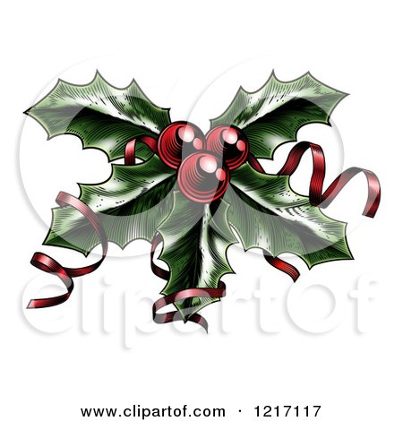 Clipart of a Sprig of Christmas Holly with Red Berries and Curly Ribbons - Royalty Free Vector Illustration by AtStockIllustration