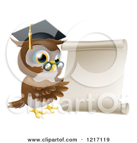 Clipart of a Professor Owl with Glasses and Graduation Cap, Pointing to a Scroll - Royalty Free Vector Illustration by AtStockIllustration