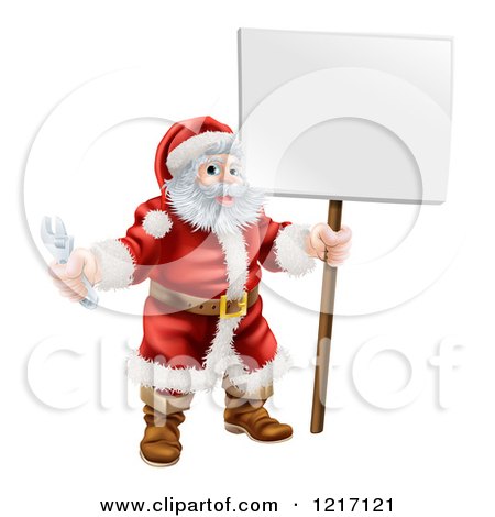 Clipart of Santa Holding a Spanner Wrench and Sign - Royalty Free Vector Illustration by AtStockIllustration
