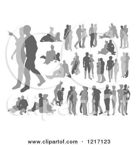 Clipart of Grayscale Silhouetted Couples - Royalty Free Vector Illustration by AtStockIllustration