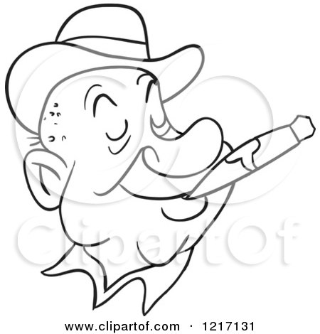 Clipart of an Outlined Happy Man Wearing a Derby Hat and Smoking a Cigar - Royalty Free Vector Illustration by LaffToon
