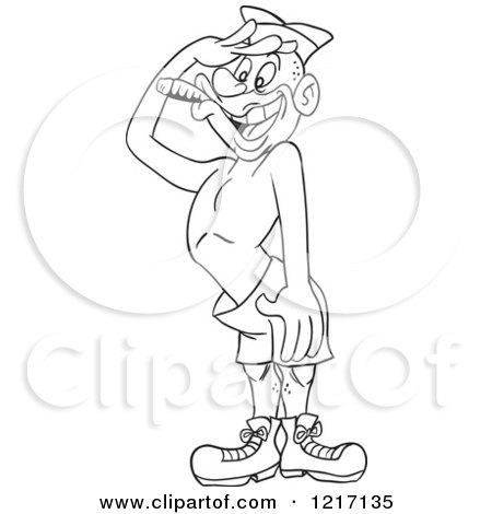 Clipart of an Outlined Male Soldier in Shorts, Saluting with a Cigar in His Mouth - Royalty Free Vector Illustration by LaffToon