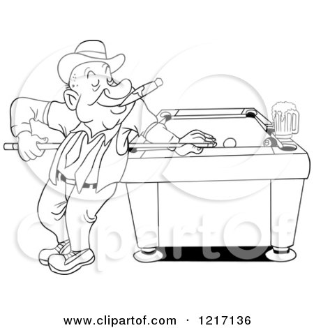 Clipart of an Outlined Happy Man in a Derby Hat, Smoking a Cigar and Playing Pool with a Beer - Royalty Free Vector Illustration by LaffToon