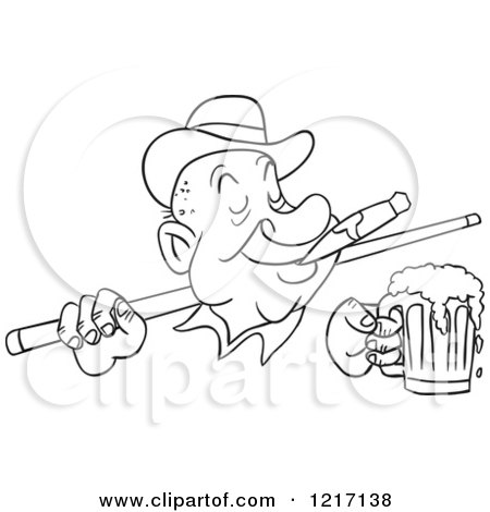 Clipart of an Outlined Man Wearing a Derby Hat, Smoking a Cigar, Holding a Beer and a Pool Cue Stick - Royalty Free Vector Illustration by LaffToon