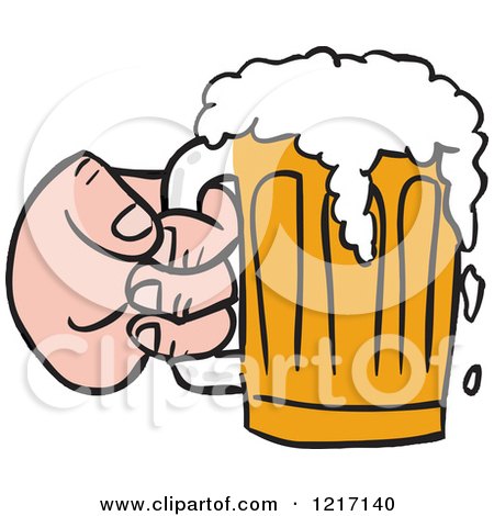Clipart of a Hand Holding a Mug of Beer with Froth Spilling over - Royalty Free Vector Illustration by LaffToon