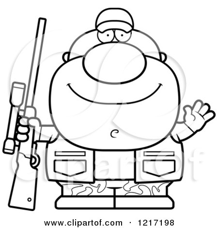 Clipart of a Black and White Friendly Waving Hunter Man - Royalty Free Vector Illustration by Cory Thoman