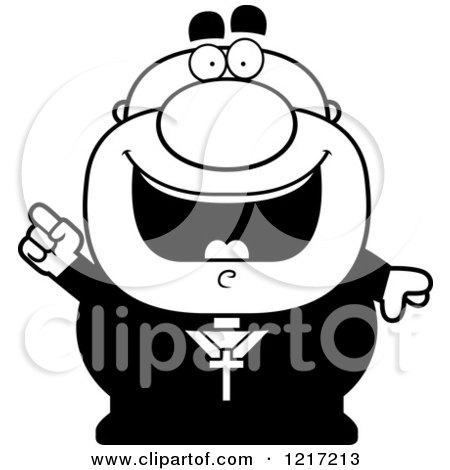 Clipart of a Black and White Happy Priest with an Idea - Royalty Free Vector Illustration by Cory Thoman