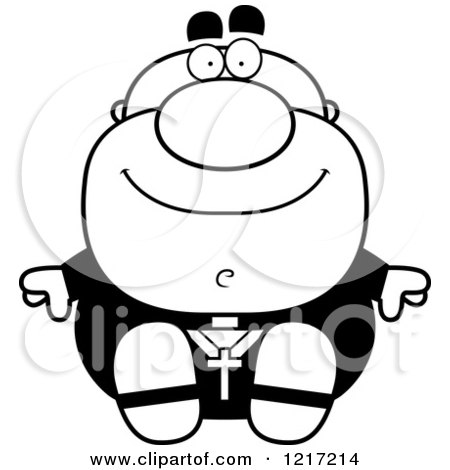 Clipart of a Black and White Happy Sitting Priest - Royalty Free Vector Illustration by Cory Thoman